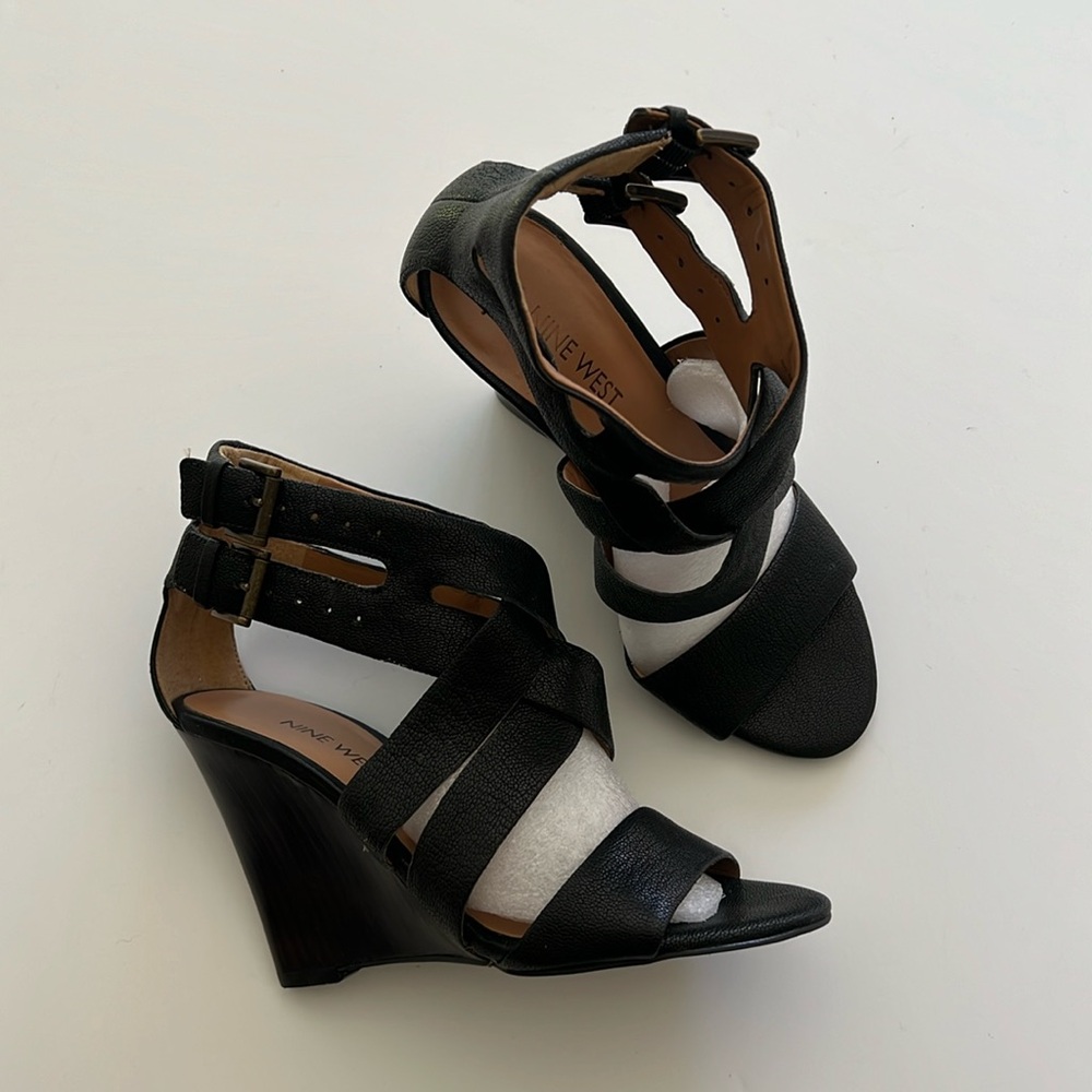Sexy black strappy wedge heels
